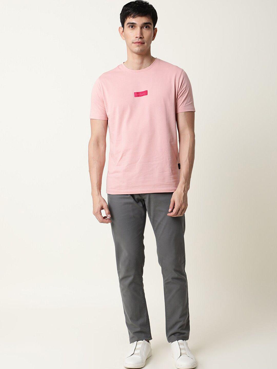 rare rabbit men peach-coloured slim fit round neck  t-shirt