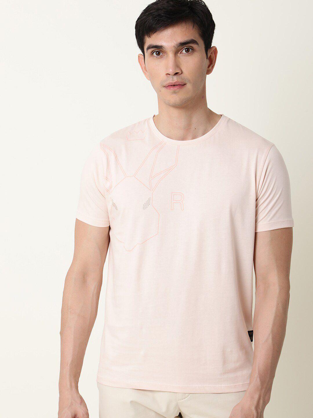 rare rabbit men typhography printed peach coloured slim fit t-shirt