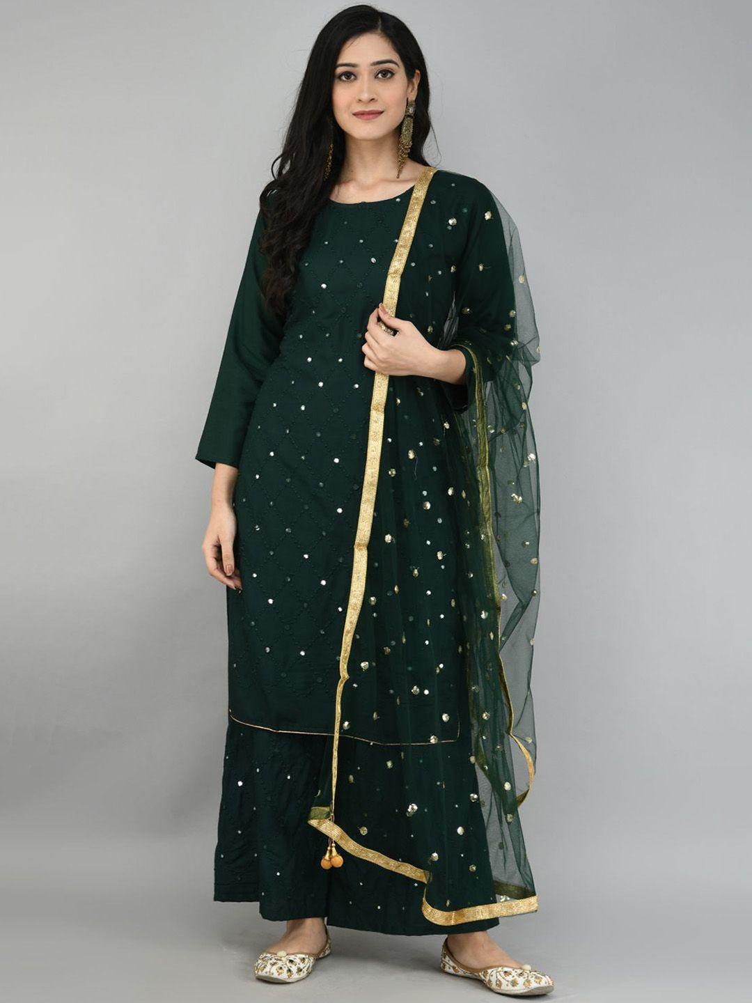 queenswear creation women green layered thread work kurta with palazzos & with dupatta