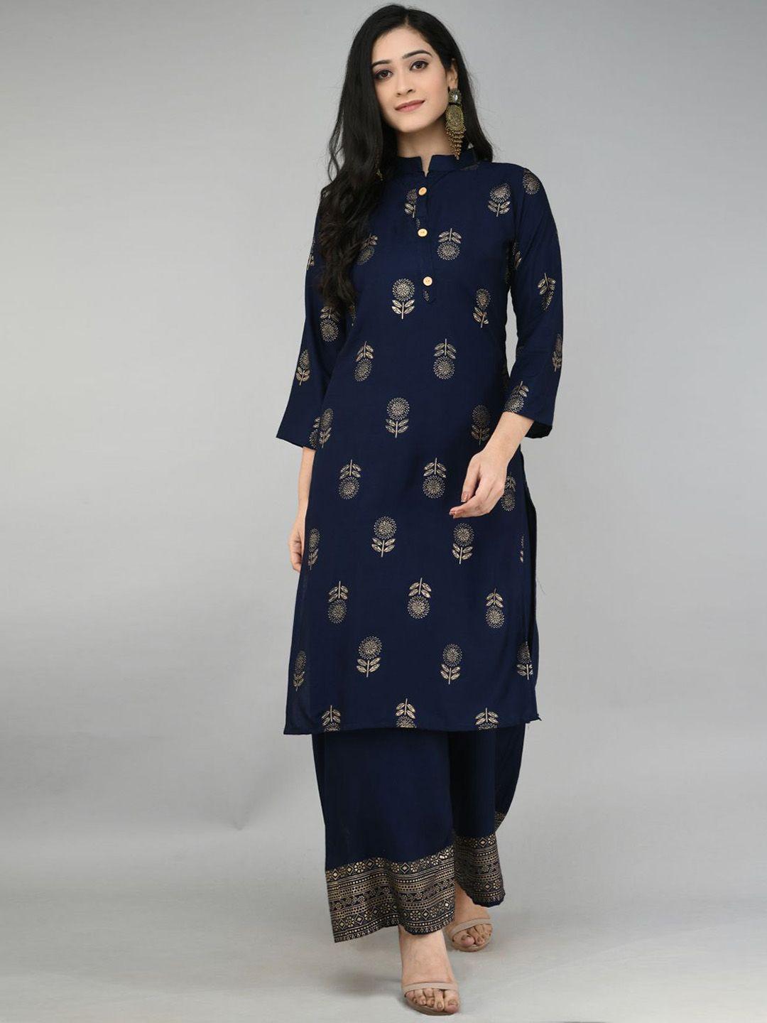 queenswear creation women navy blue floral printed kurta with palazzos