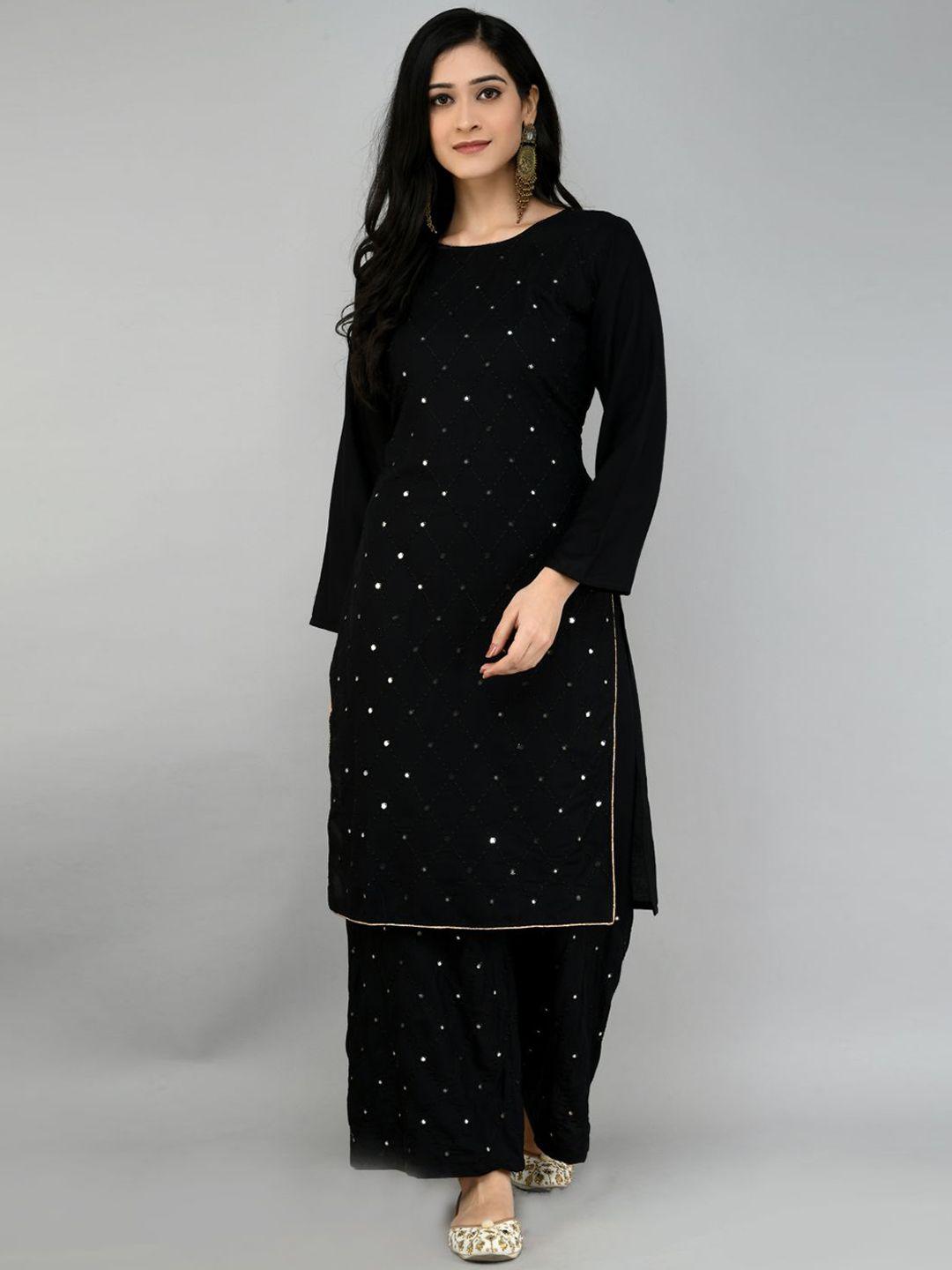 queenswear creation women black embroidered mirror work kurta with palazzos & with dupatta