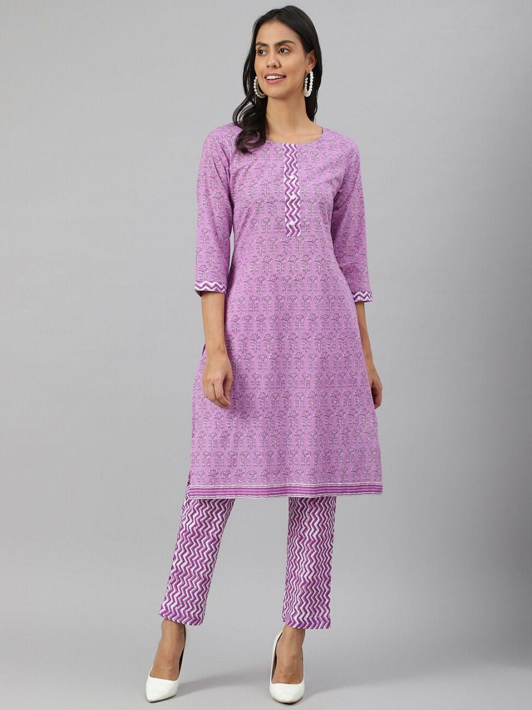 metro-fashion women purple ethnic motifs printed pure cotton kurta with trousers