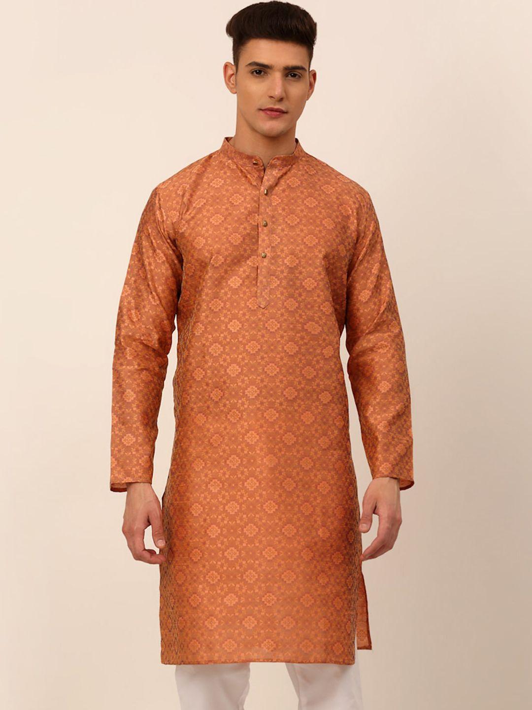 jompers men peach-coloured ethnic motifs printed kurta