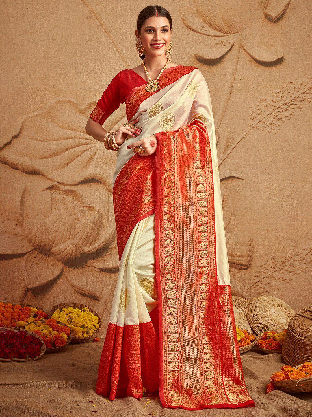 mitera off white & red ethnic motifs zari silk blend kanjeevaram saree