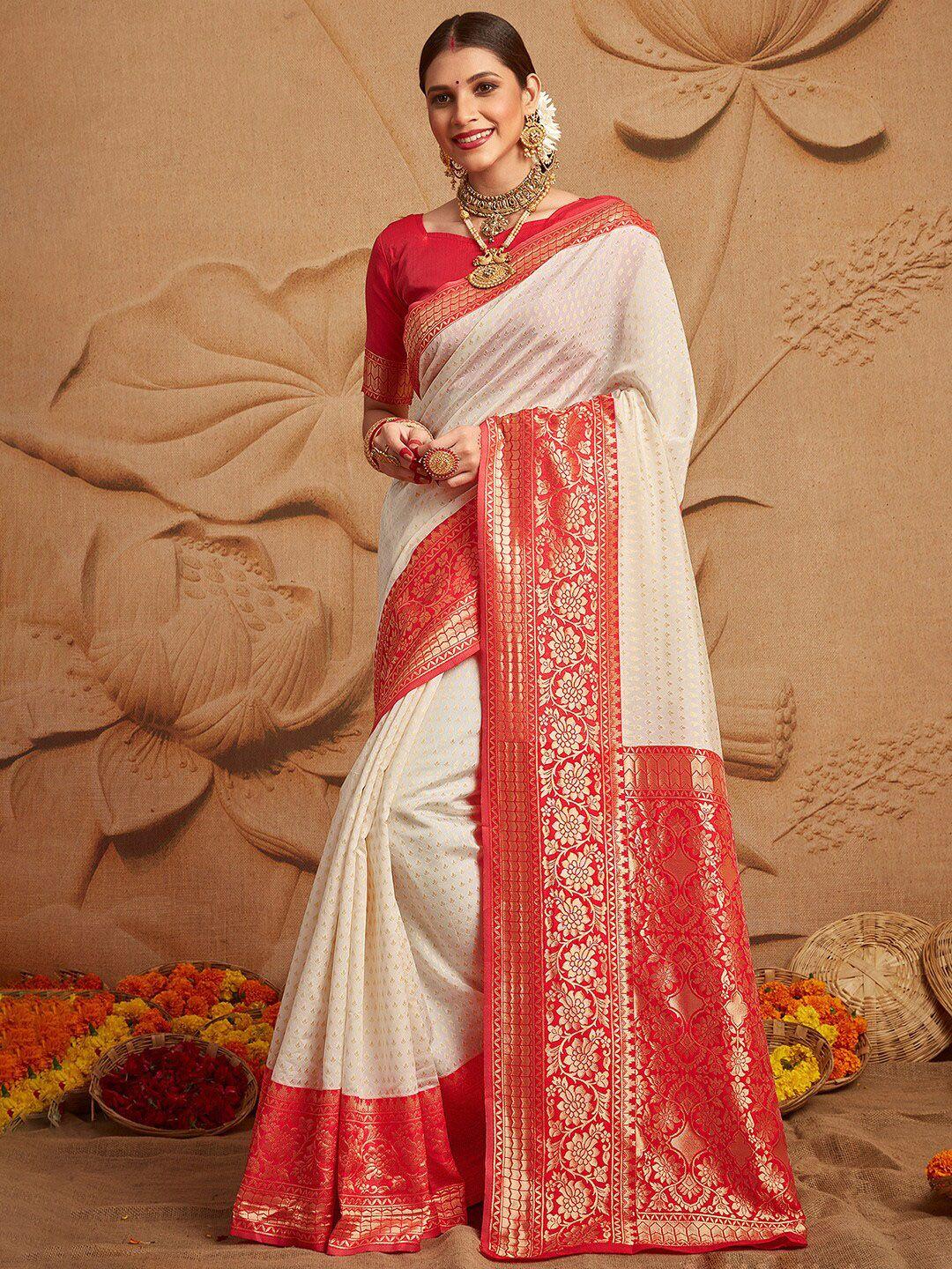 mitera off white & gold-toned paisley zari silk blend kanjeevaram saree