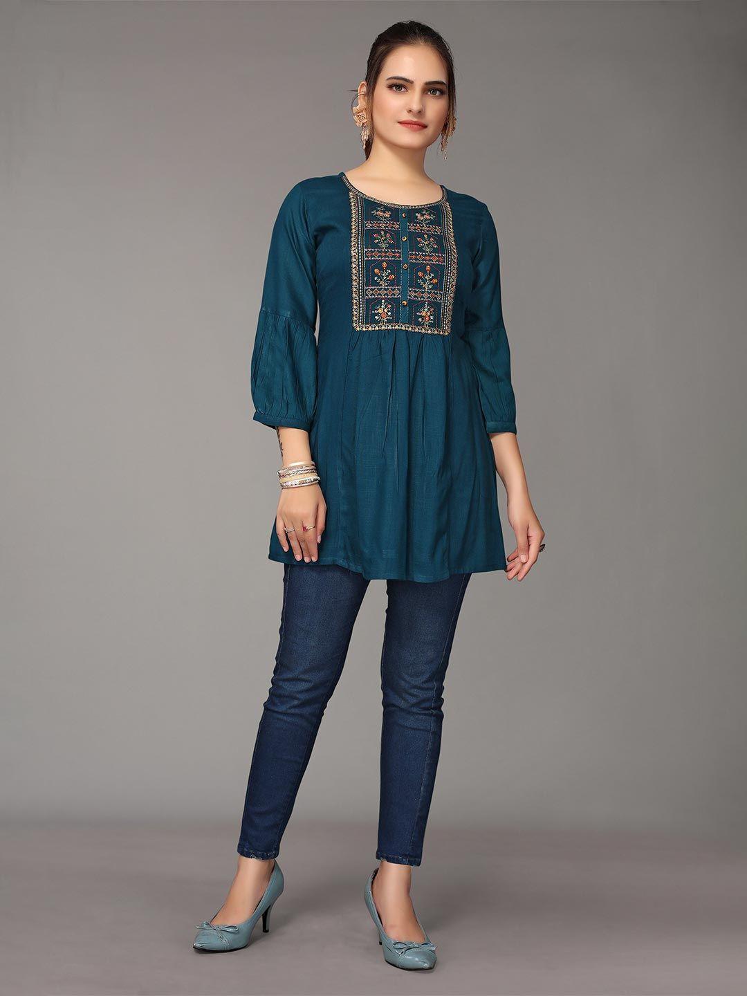 nimayaa teal embroidered rayon short top