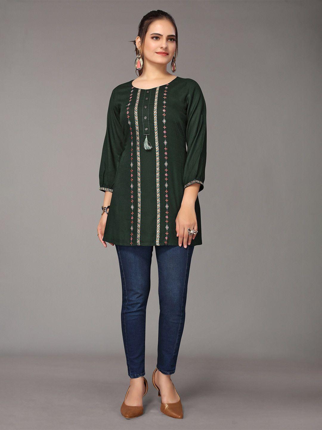 nimayaa women green  embroidered rayon short tops