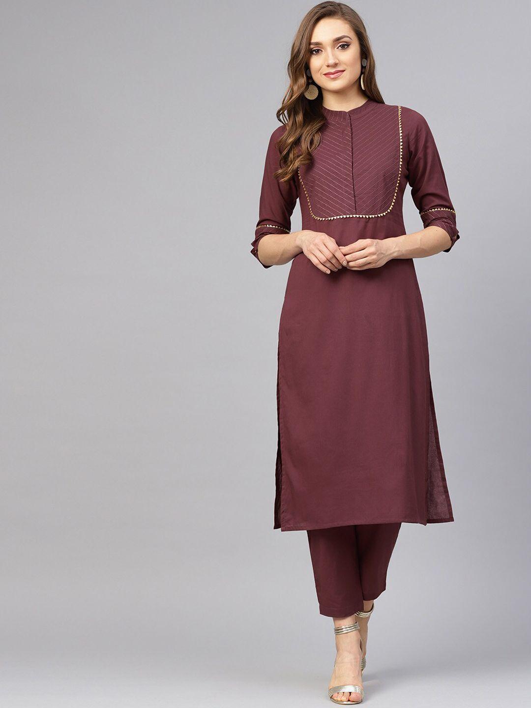 idalia women red yoke design embellished kurta with trousers