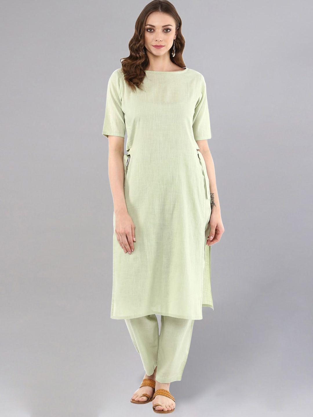 idalia women green high slit kurta with trousers