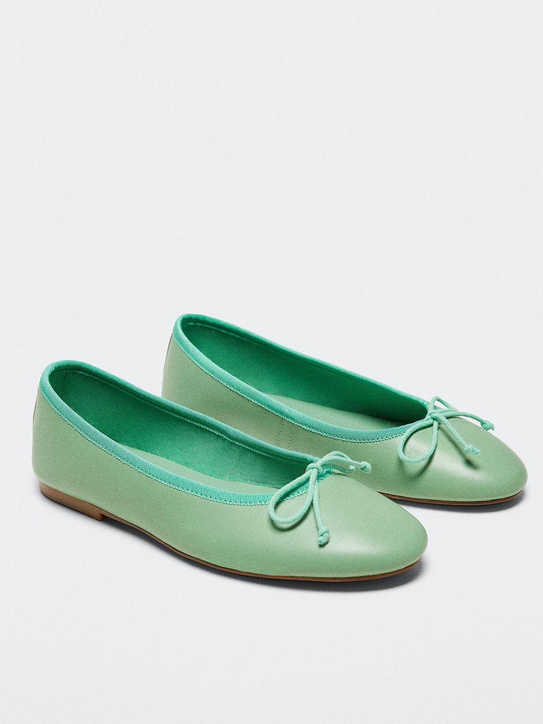 mango women mint green solid ballerinas with bow upper