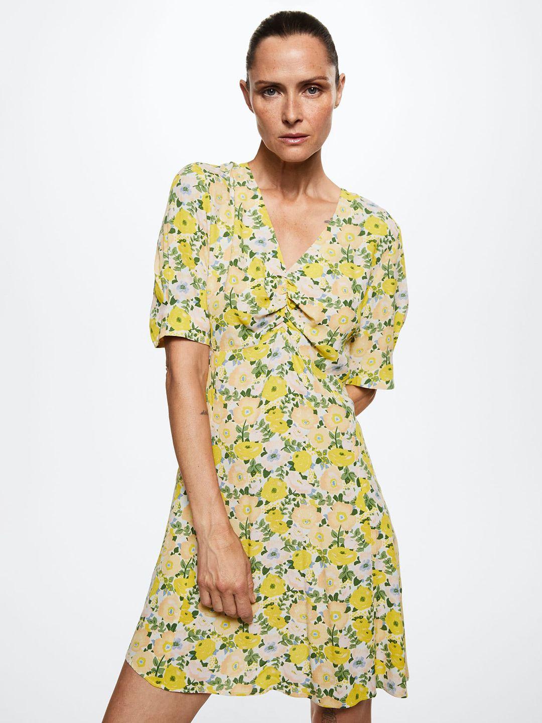 mango off white & yellow floral a-line dress