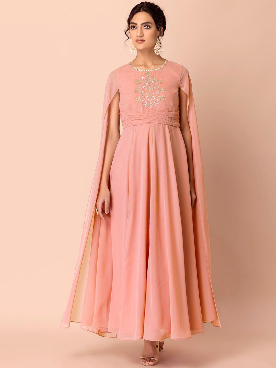 indya women peach-coloured embroidered flared sleeves thread work anarkali kurta