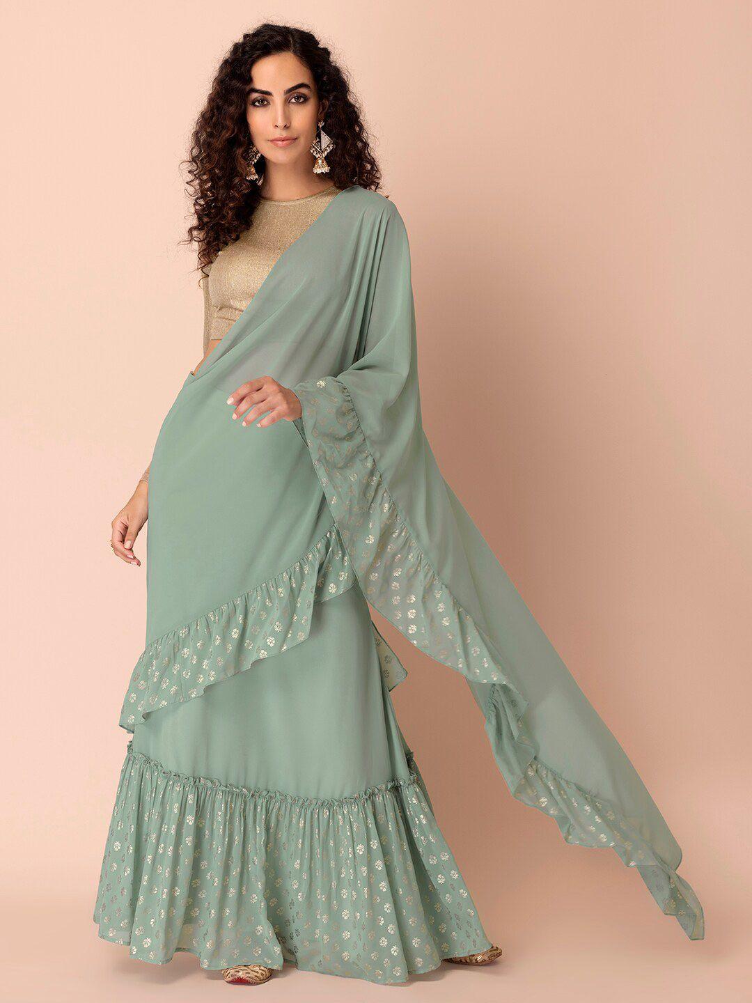 indya women sage green solid ruffles pre draped ready to wear saree