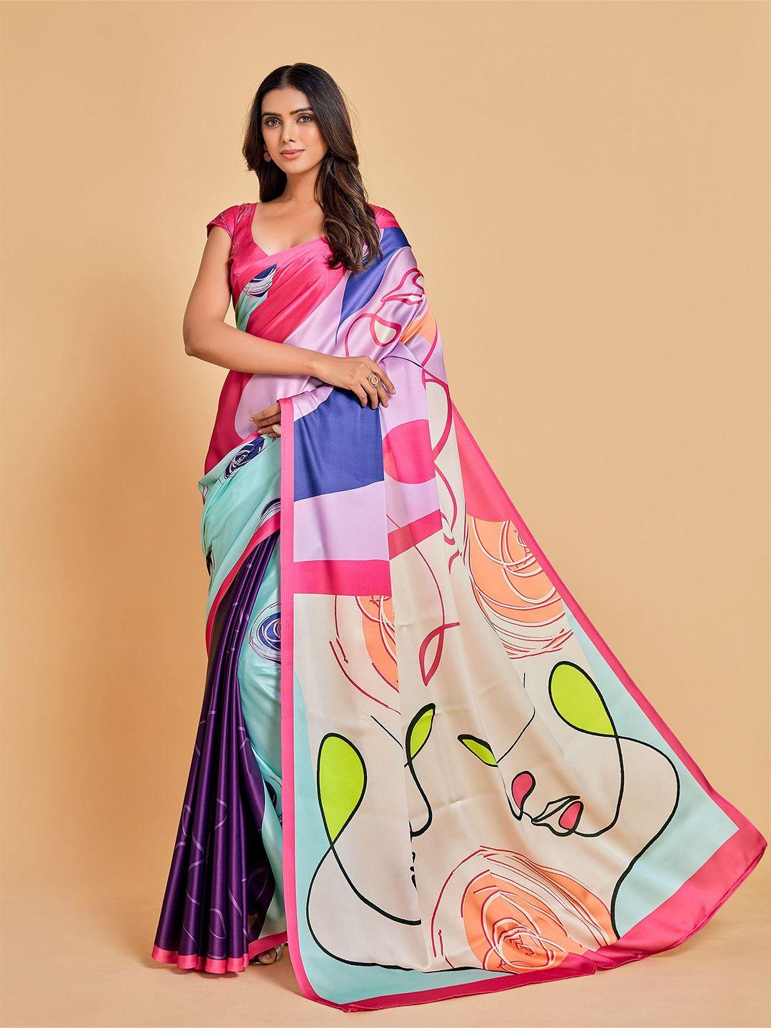 sangria pink & blue abstract printed satin saree