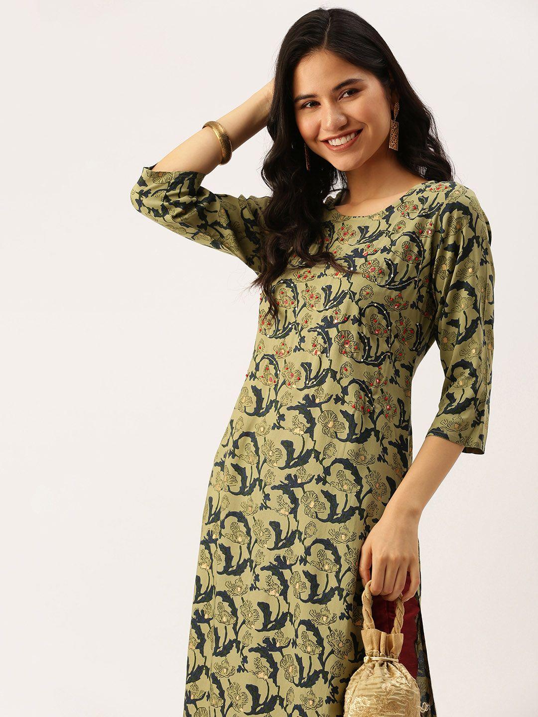 showoff women green ethnic motifs printed flared sleeves mirror work floral kurta