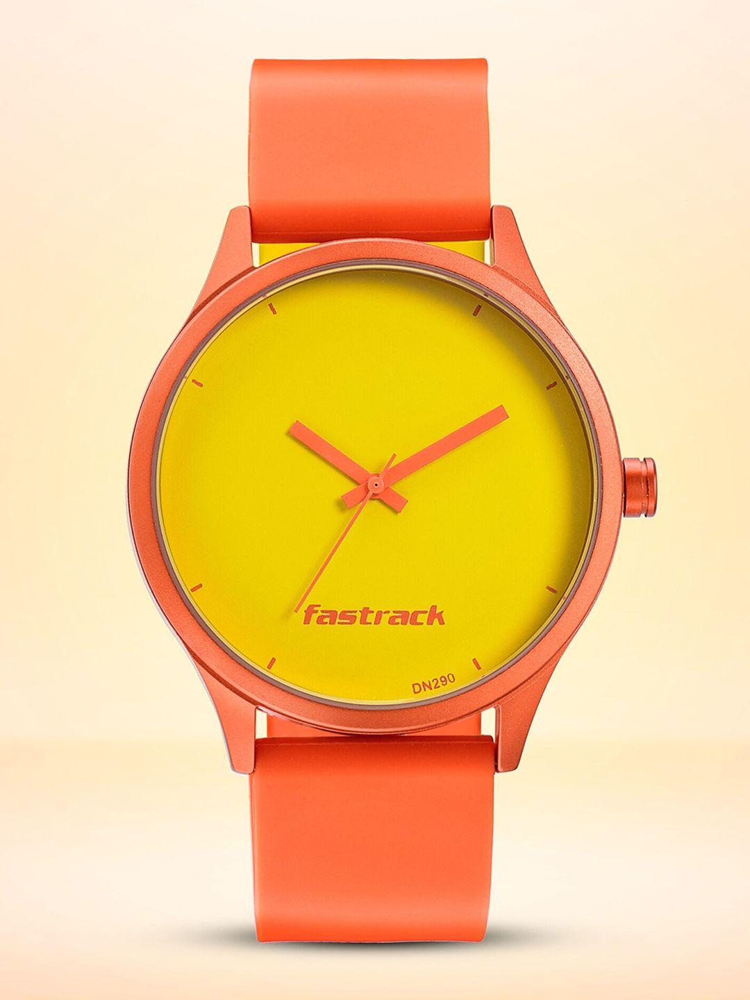 fastrack unisex yellow aluminium dial & orange straps analogue watch