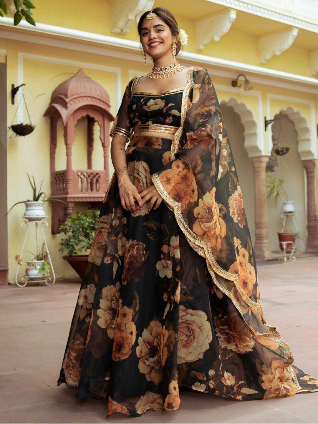 lavanya the label green & brown printed ready to wear lehenga & blouse with dupatta