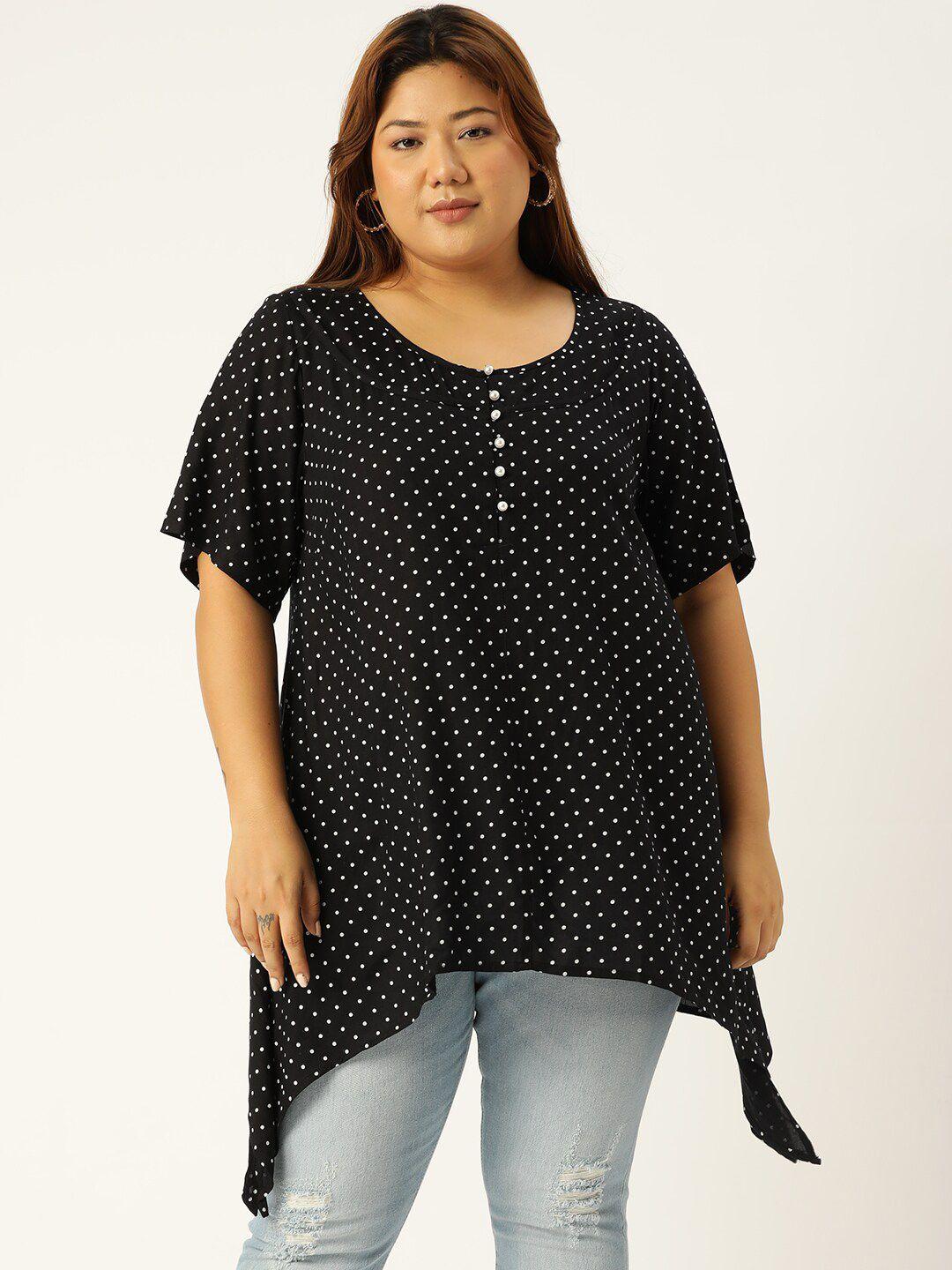 therebelinme plus size women's black polka dot printed asymmetric hem top