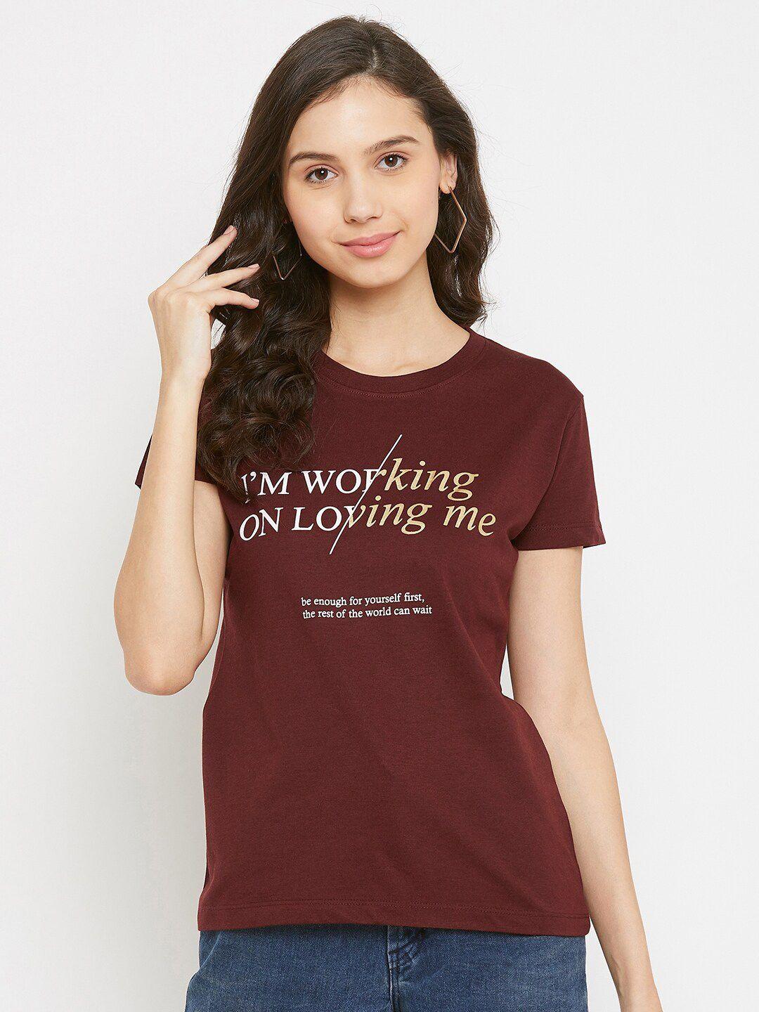 plagg women maroon typography printed t-shirt