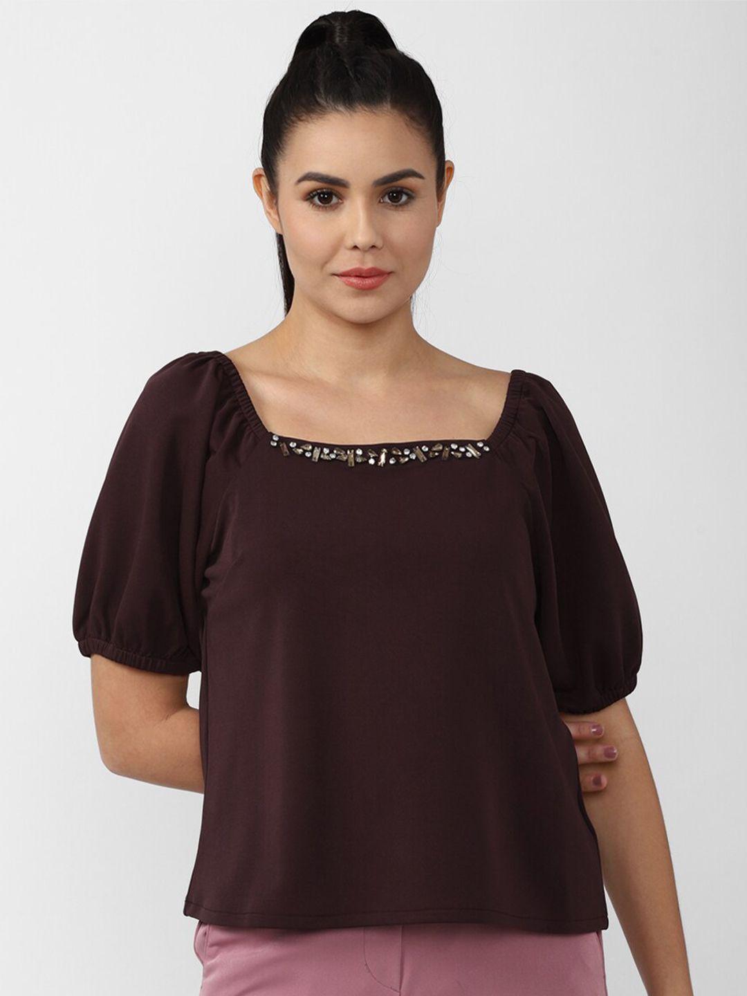 van heusen woman coffee brown embellished square neck top