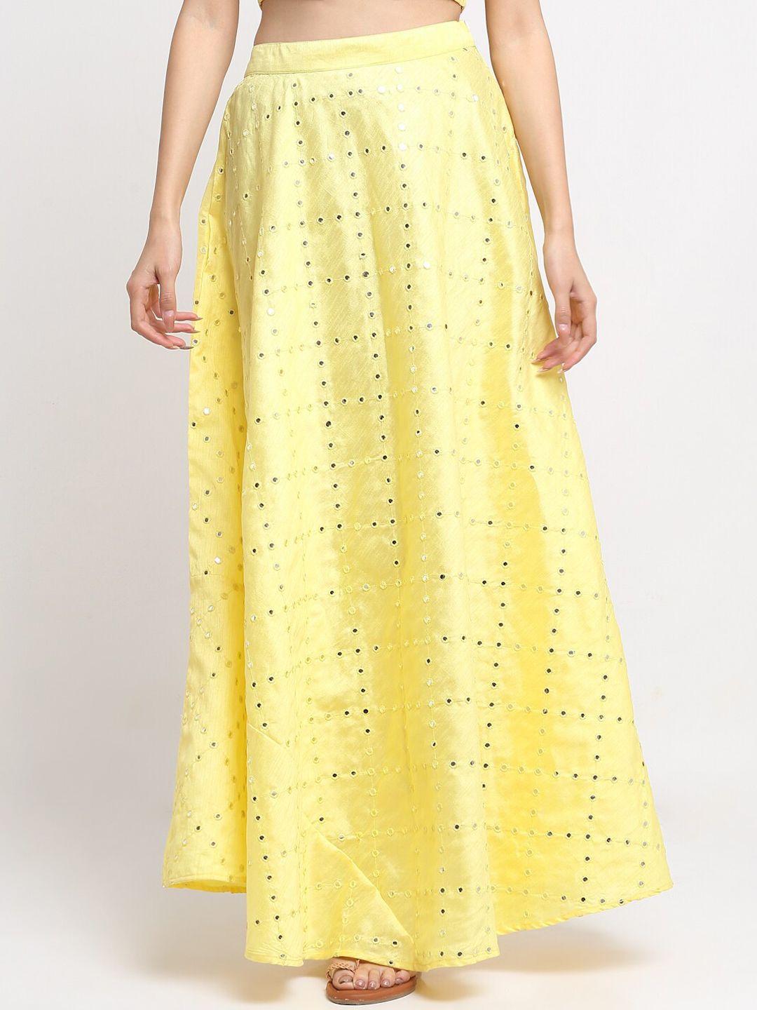 neudis women yellow mirror work maxi flared skirts