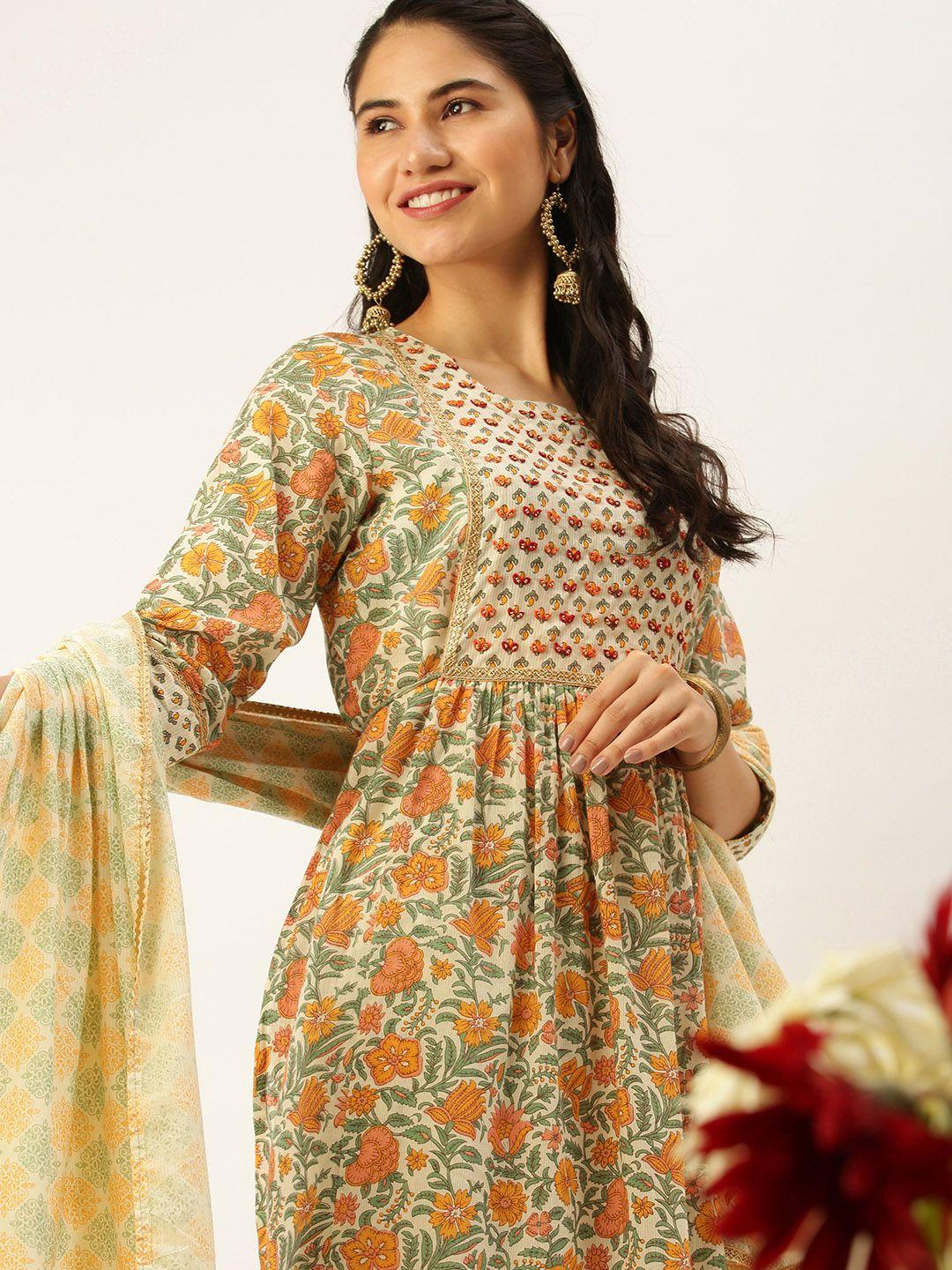 showoff women cream-coloured printed gotta patti kurti with trousers & with dupatta