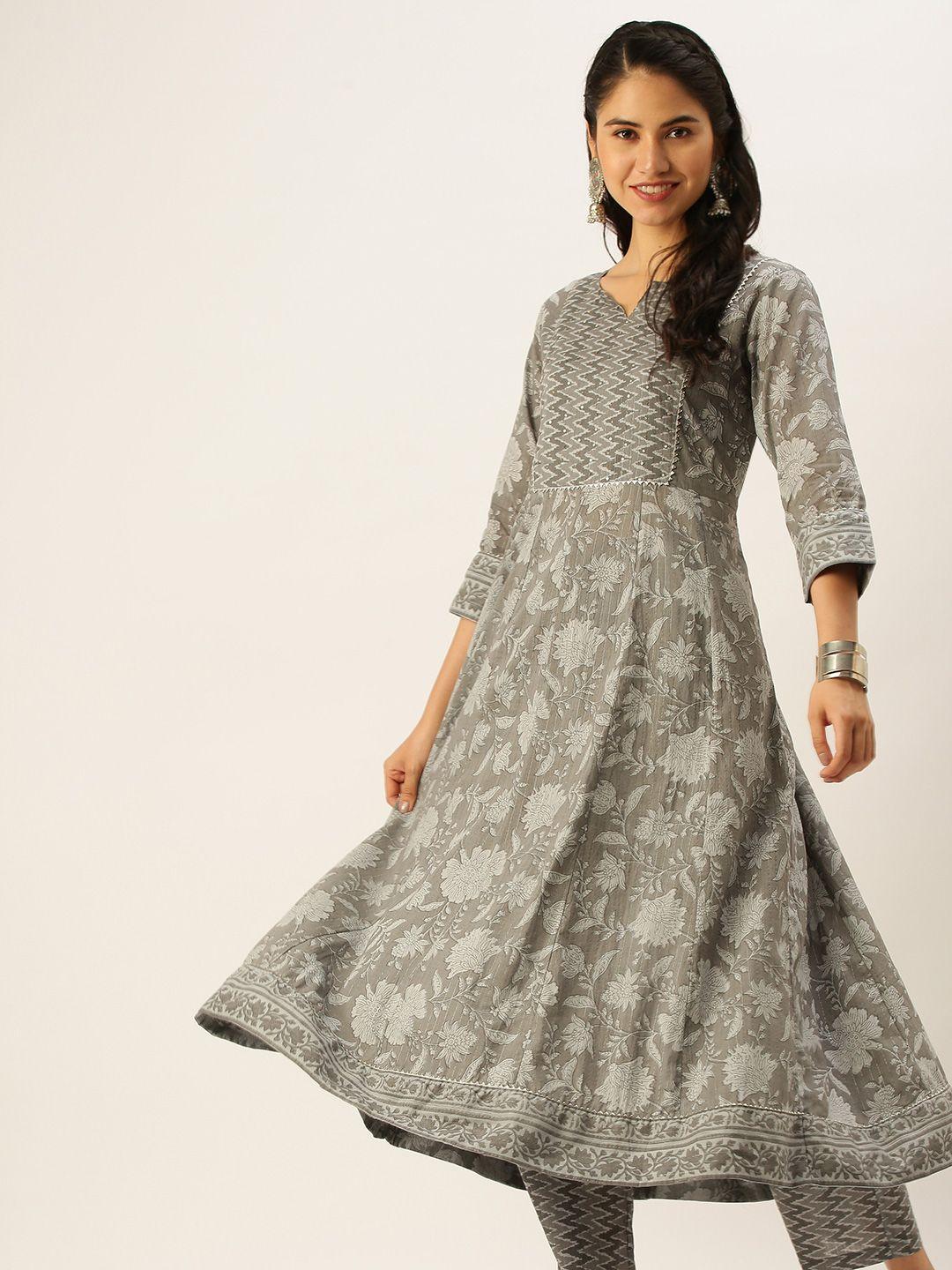 showoff women grey floral printed empire kurta with trousers