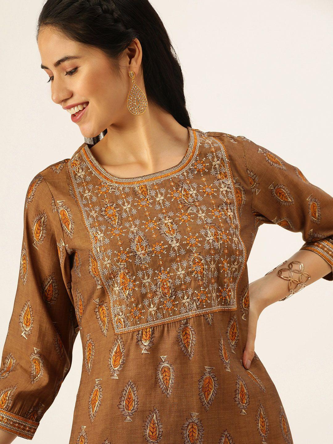 showoff women brown ethnic motifs printed empire thread work kurta with trousers