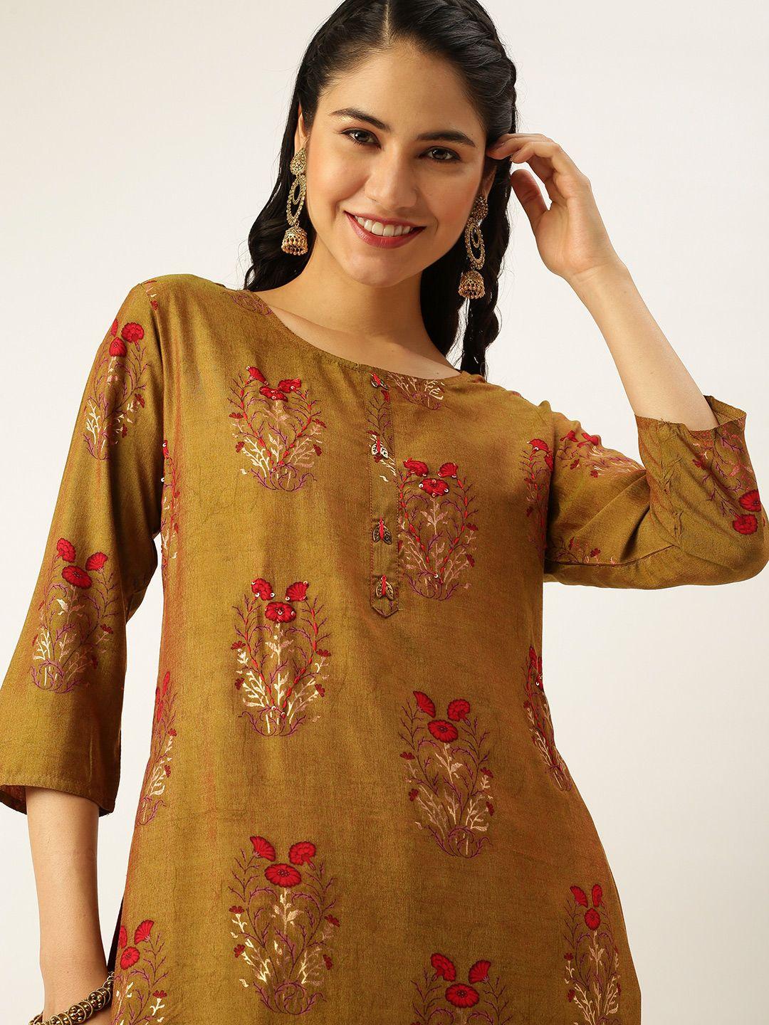 showoff women green embroidered kurta with palazzos