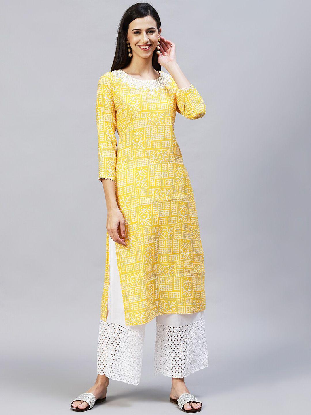 fashor women yellow ethnic motifs printed kurta