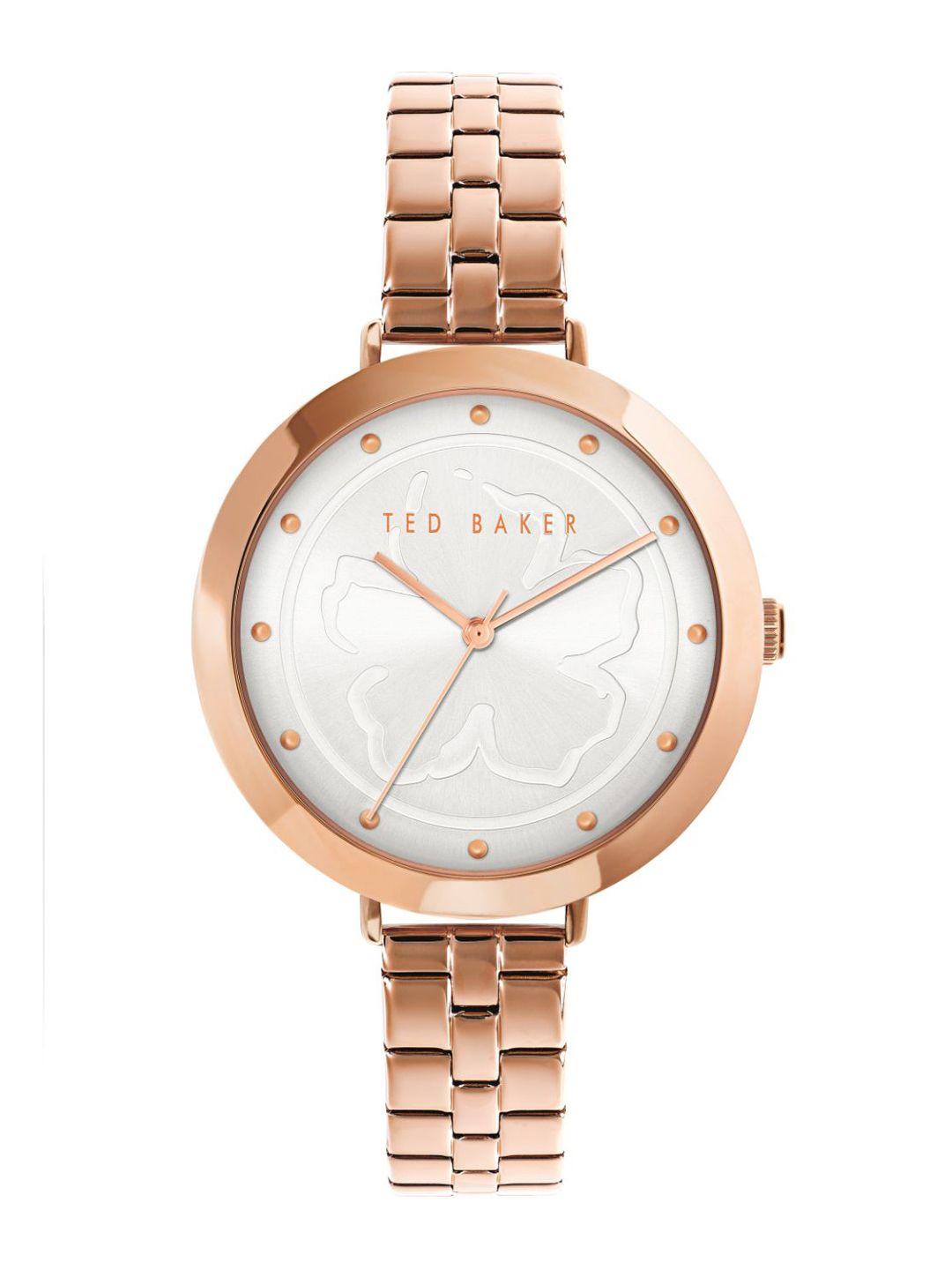 ted baker women silver-toned printed dial & rose gold toned stainless steel bracelet style straps analogue watch