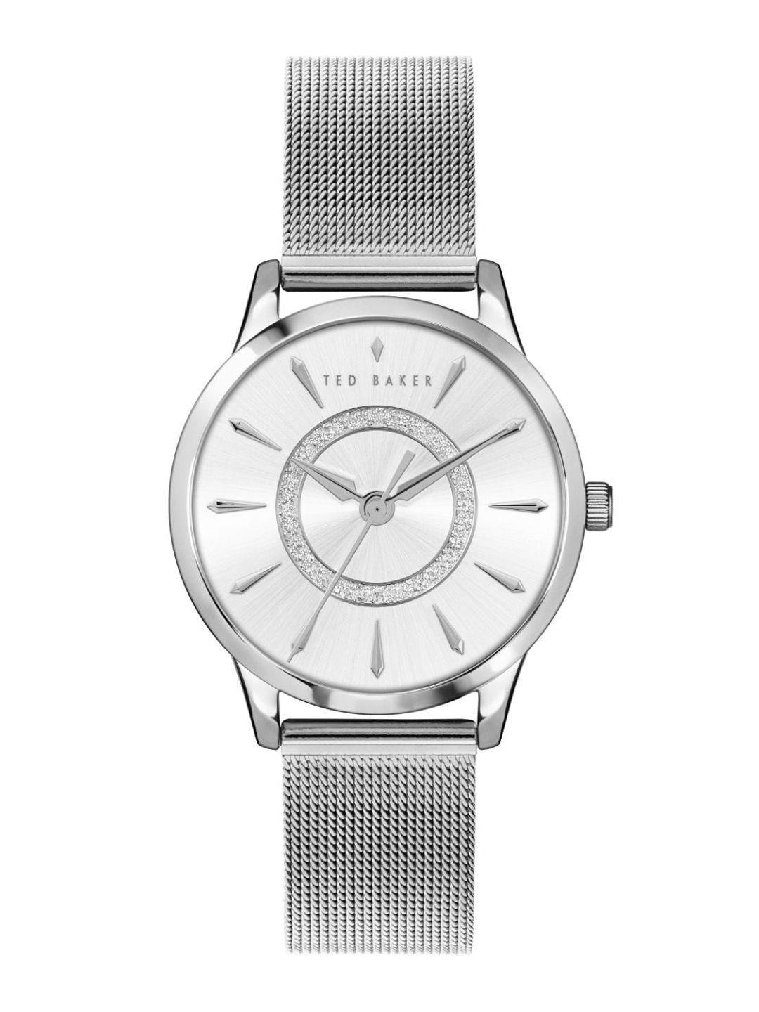 ted baker women silver-toned embellished dial & silver toned bracelet style straps analogue watch