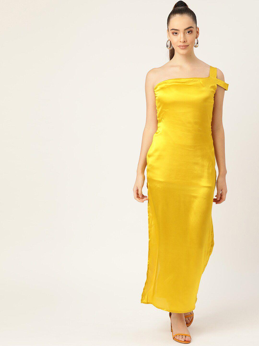 dodo & moa yellow one shoulder satin maxi dress