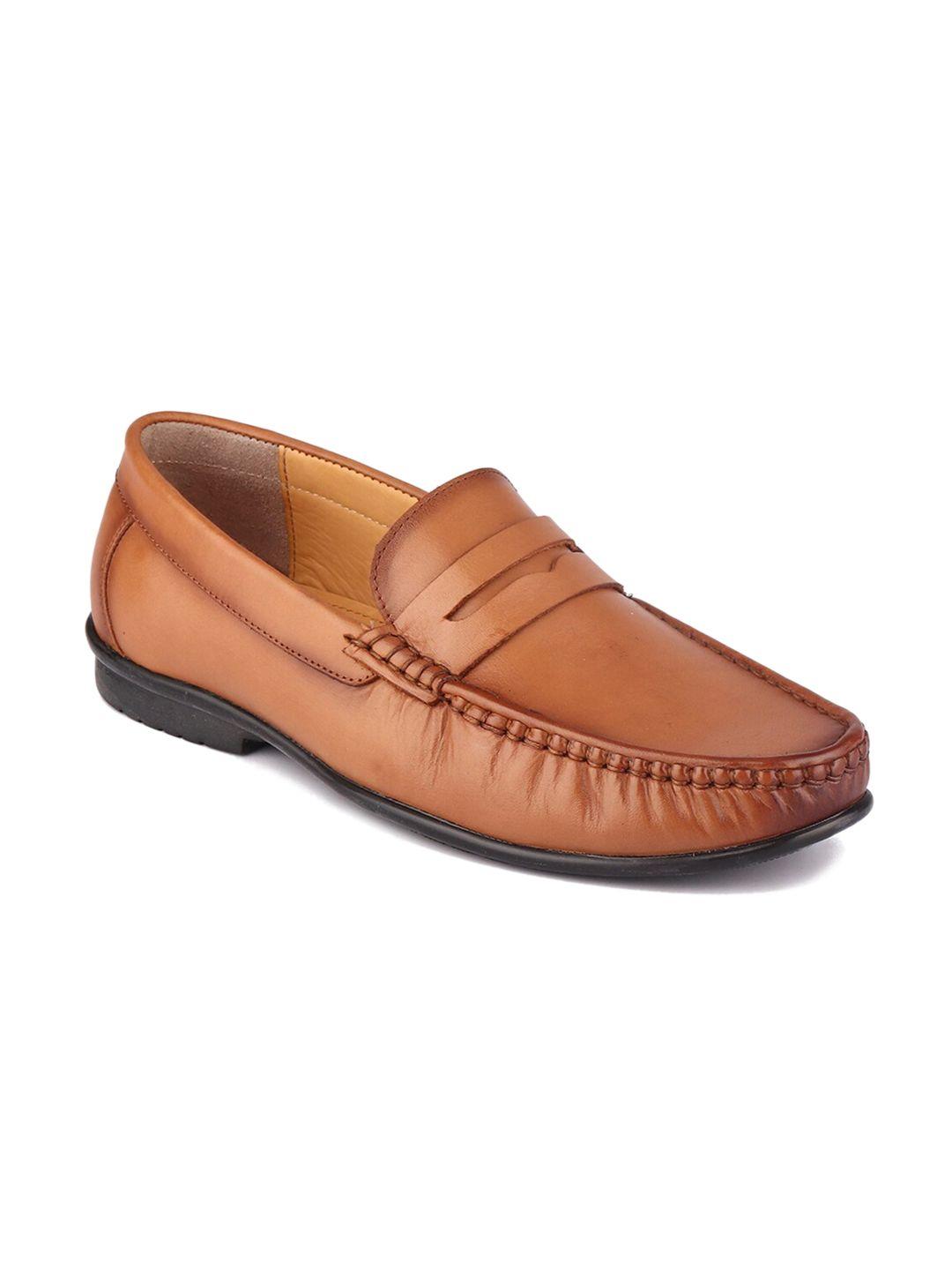 top brass men tan-brown solid leather formal loafers