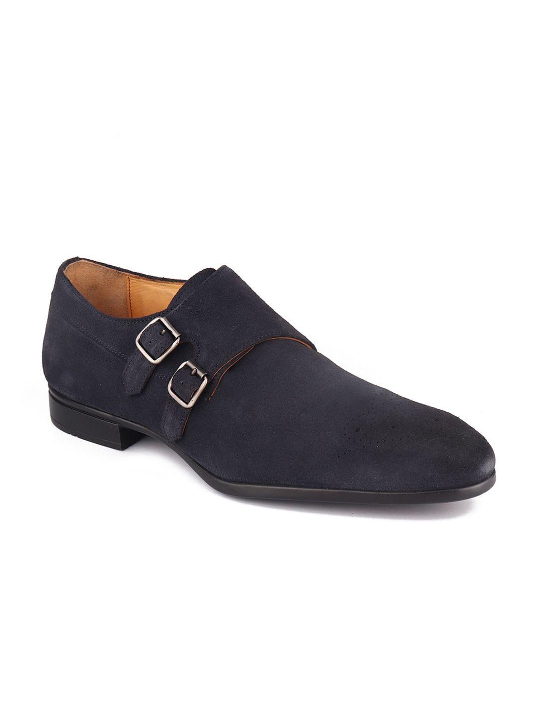 top brass men blue textured leather monk formal shoes