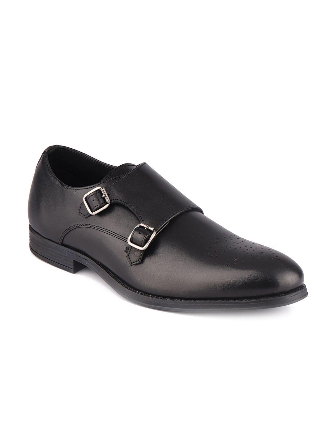 top brass men black solid leather formal monk  shoes