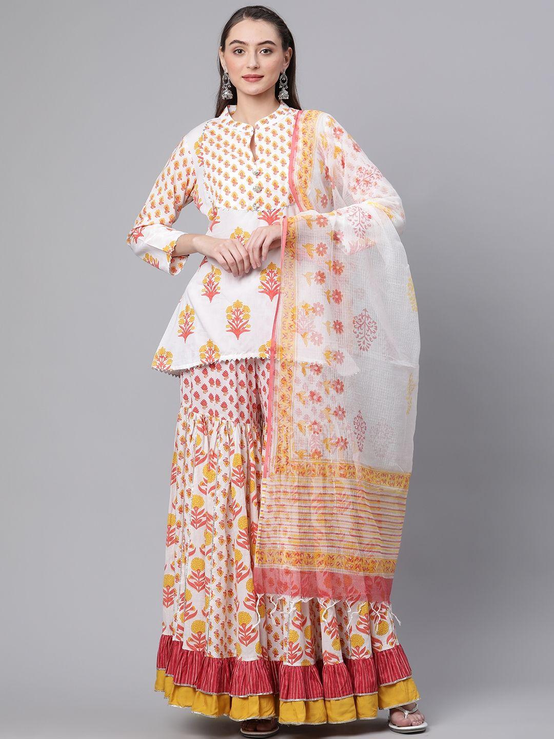 divena women white floral printed gotta patti pure cotton kurta with sharara & with dupatta