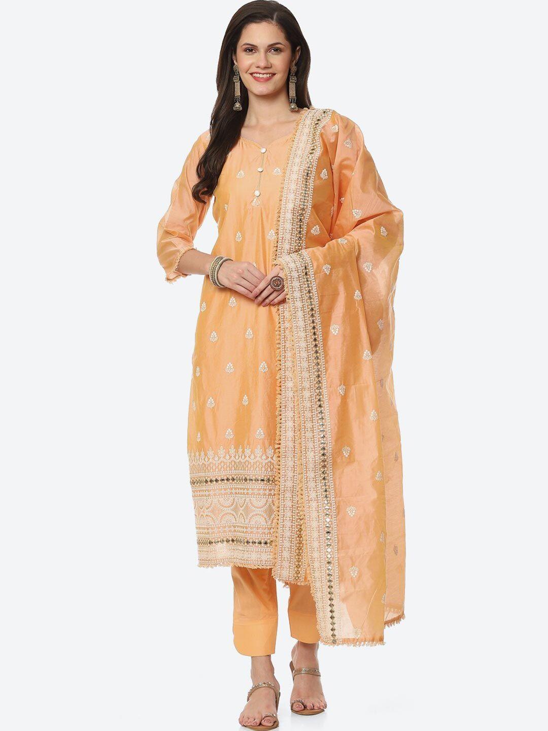 biba women orange & white embroidered unstitched dress material