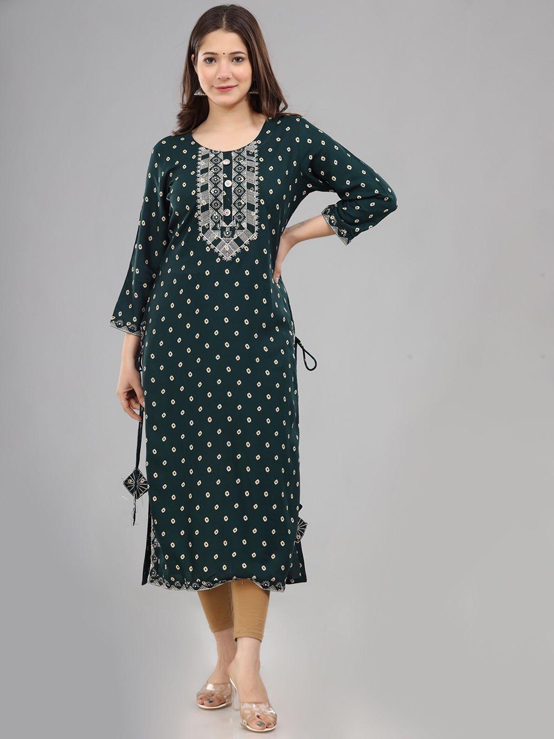 kalini women green geometric printed embroidered  straight kurta