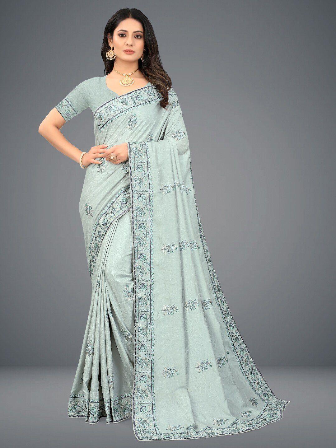 gajarai teal floral embroidered silk blend banarasi saree