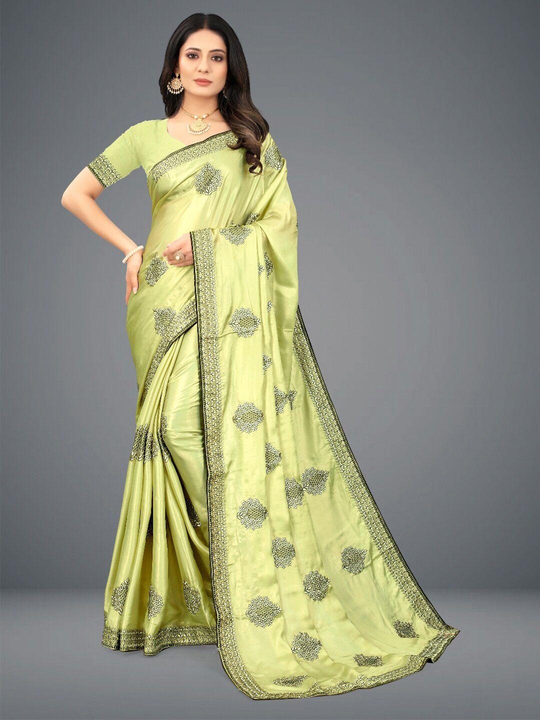 gajarai lime green & black floral embroidered silk blend banarasi saree