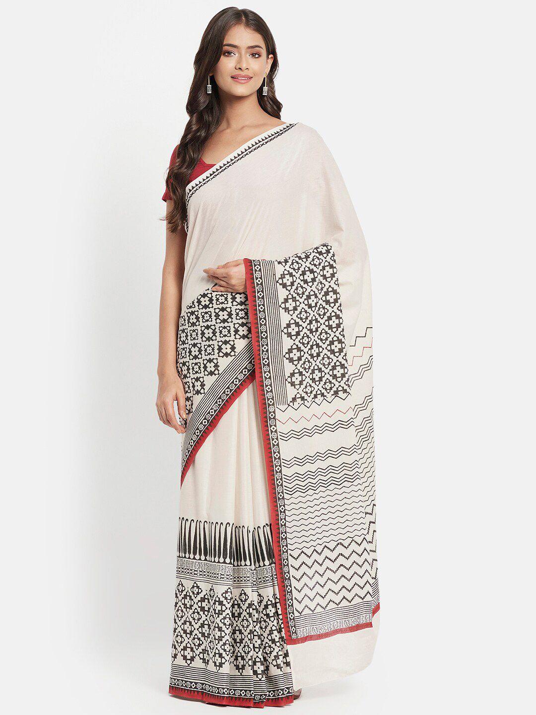 fabindia off white & black pure cotton block print saree