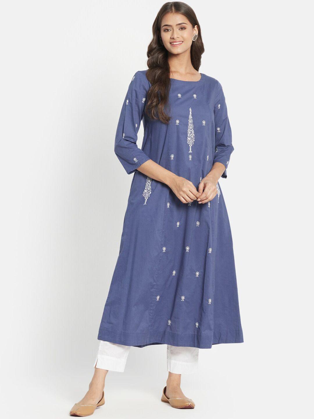 fabindia women blue ethnic motifs embroidered thread work kurta