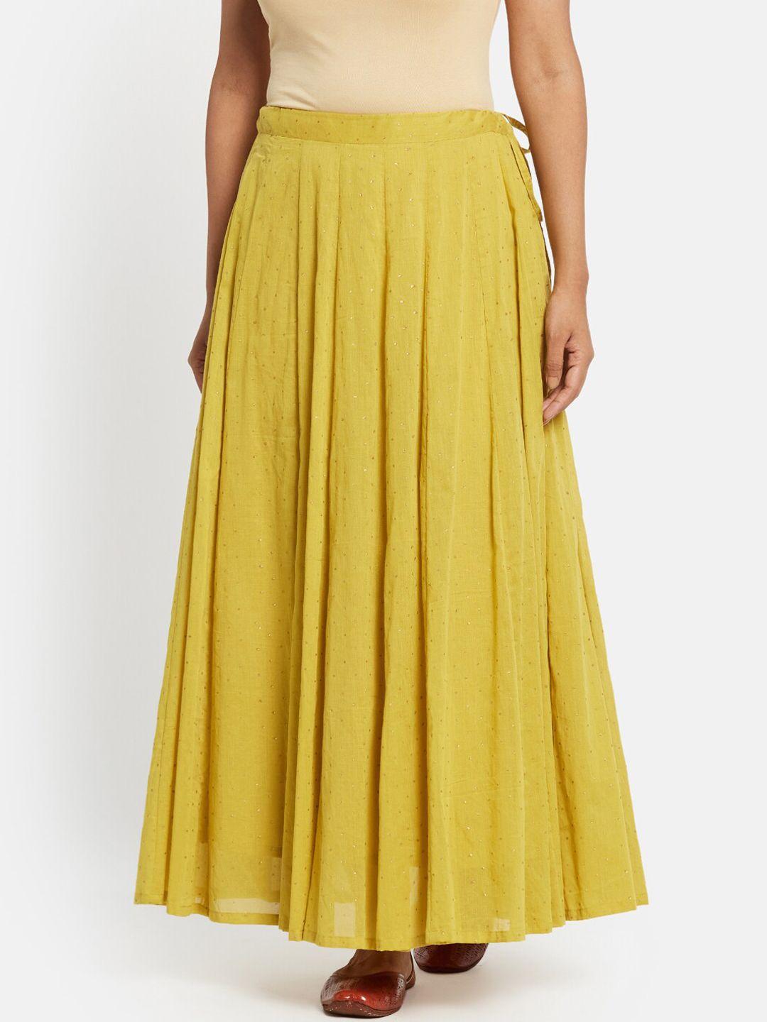 fabindia women mustard yellow embellished cotton flared maxi skirt