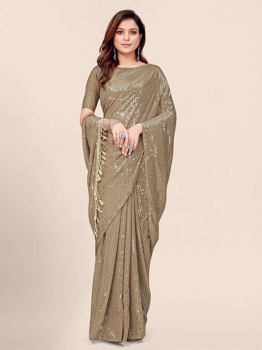 mitera beige embellished sequinned pure georgette saree