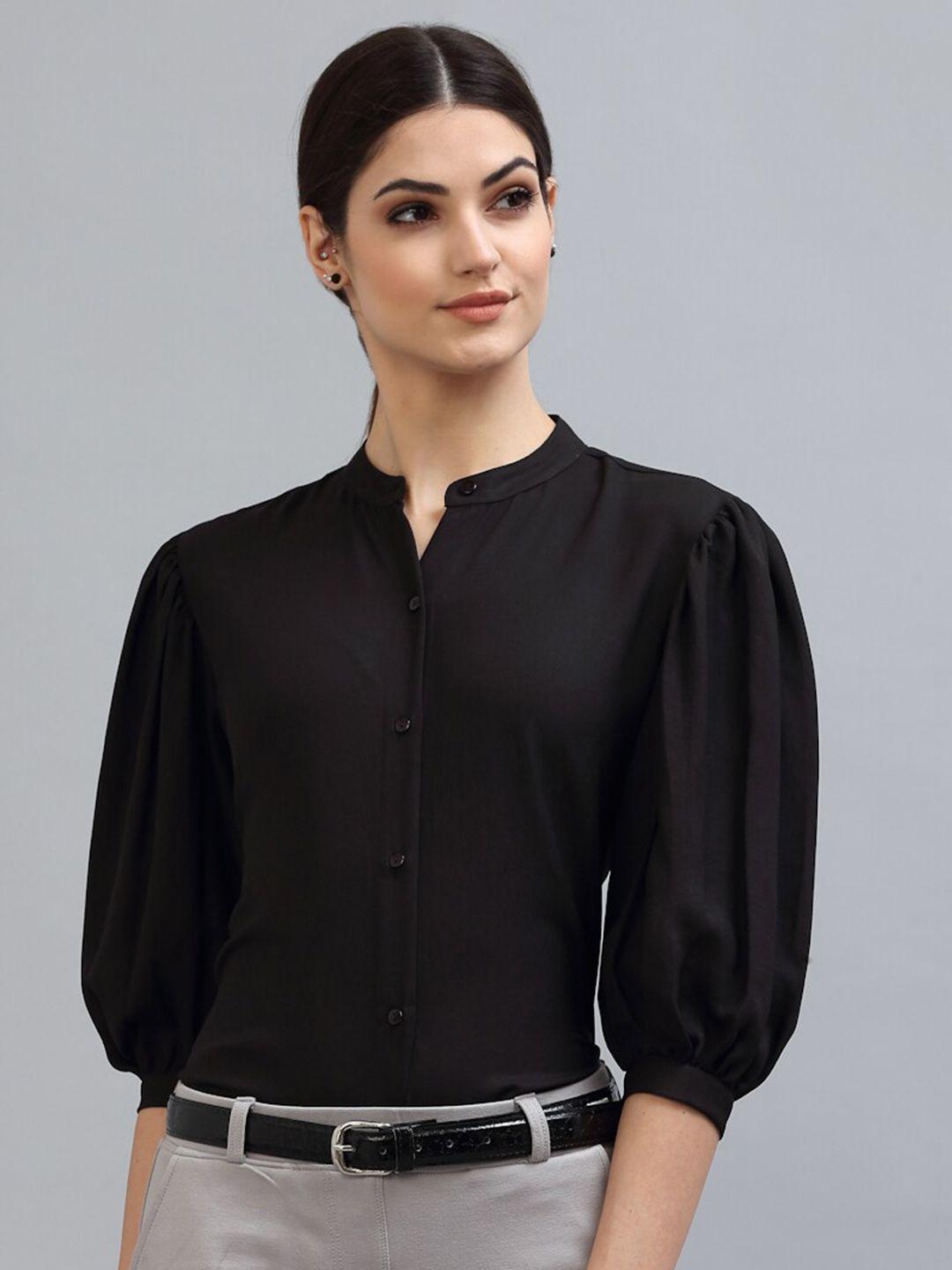 style quotient women black regular fit mandarin collar formal shirt