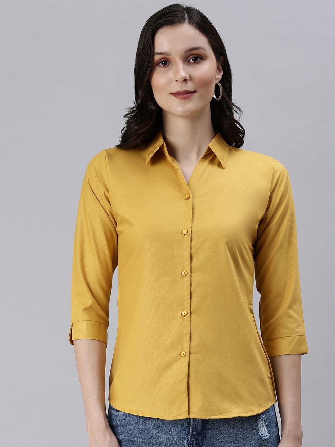 showoff women mustard yellow slim fit casual shirt