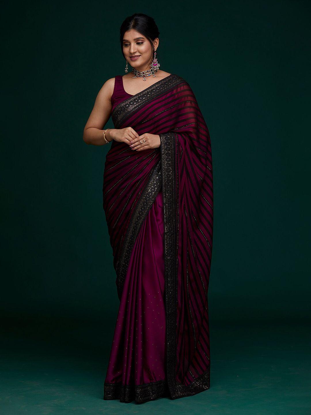 koskii maroon & black striped sequinned poly georgette saree