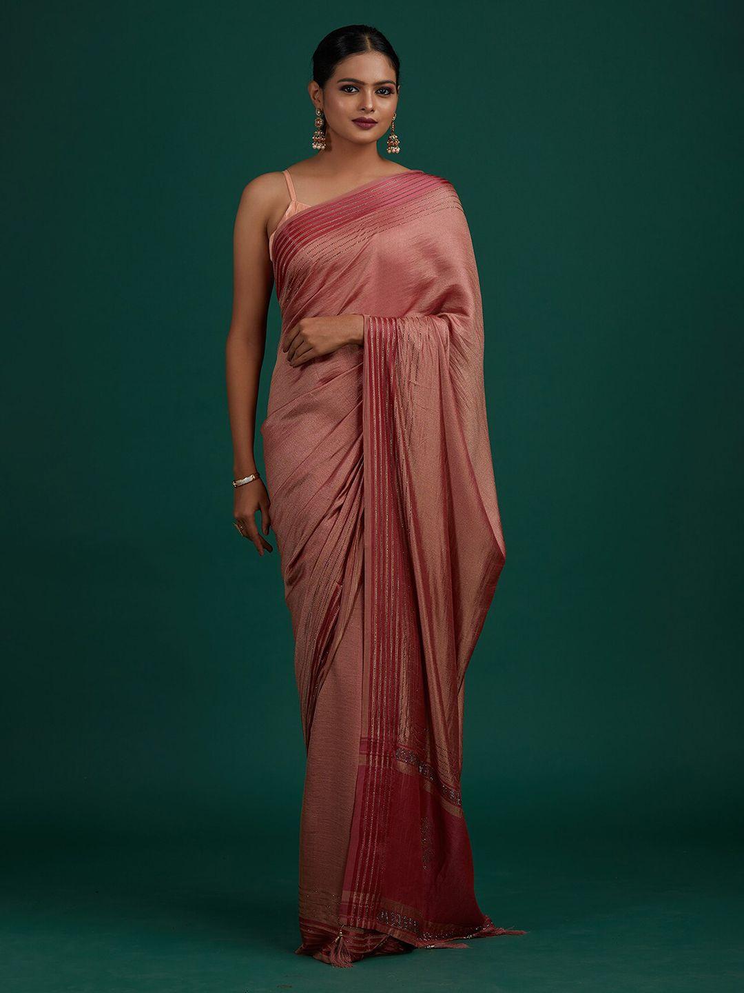 koskii pink & gold-toned ethnic motifs embroidered saree