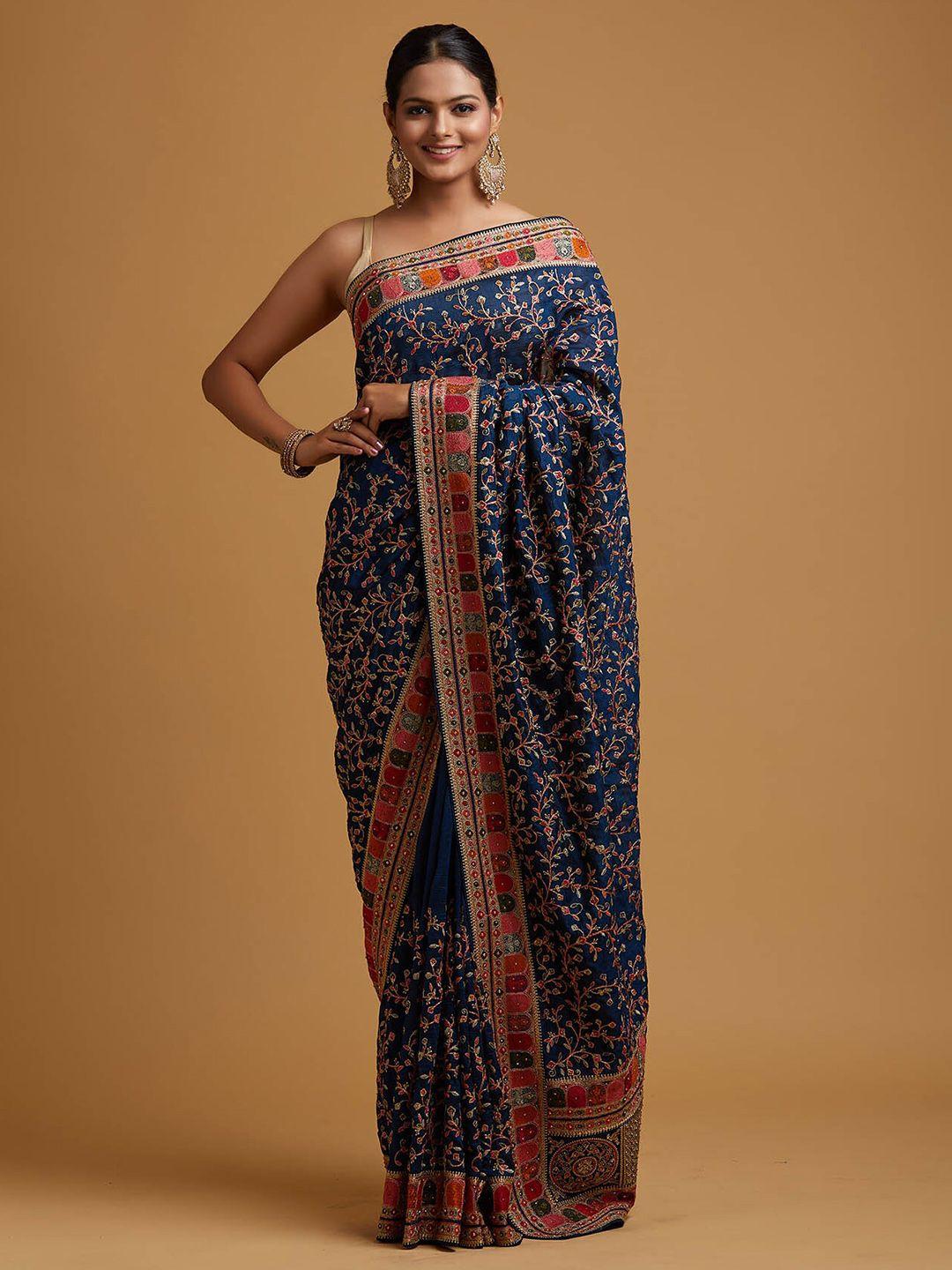 koskii blue & red floral zari art silk saree